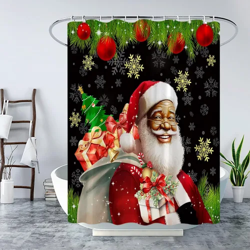 Miniatura 3 de Cortina de ducha afroamericana de Papá Noel negro retro amable anciano feliz Navidad bola regalo copos de nieve invierno feliz año nuevo cortina