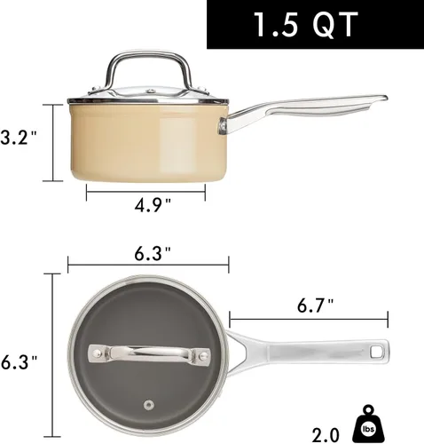 Miniatura 5 de MSMK Cacerola esmaltada de cerámica sin PFAS de 1.5 cuartos de galón con tapa de vidrio templado, arroz quemado también antiadherente, apto