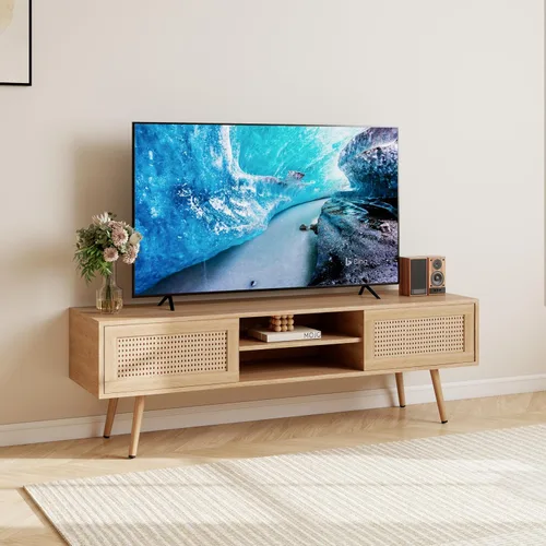 Miniatura 10 de Wood TV Stand for 65+ Inch TV, Boho Television Stand with Natural Rattan Sliding Doors & Adjustable Shelves, Entertainment Center Media Console for