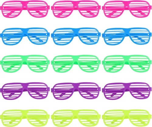 Hooqict Paquete de 15 lentes de persiana de los años 80 y 90, regalos de fiesta de neón para niños y adultos, suministros de cumpleaños, accesorios