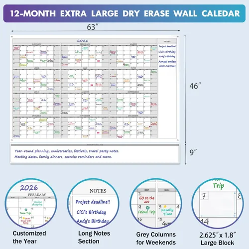 Miniatura 3 de Calendario de pared de pizarra blanca anual de borrado en seco, 46 x 63 pulgadas, enorme pizarra blanca borrable laminada de 12 meses, planificador