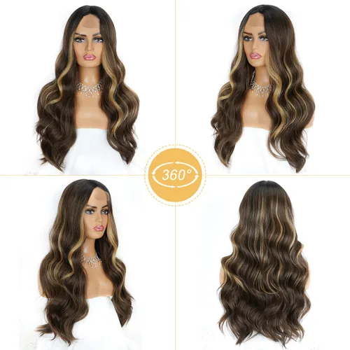Miniatura 6 de Halcyon - Peluca sintética ondulada de 26 pulgadas, parte central natural, reflejos marrones 3-row hand-tied parting for realistic scalp