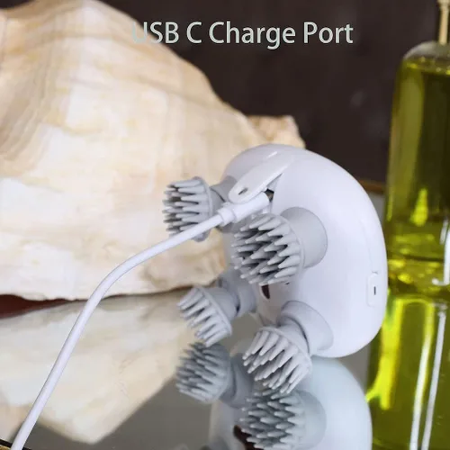 Miniatura 7 de Masajeador eléctrico para cuero cabelludo, rascador de cabeza imita masaje de amasado de cuatro dedos, recargable e impermeable, masajeador de Blanco