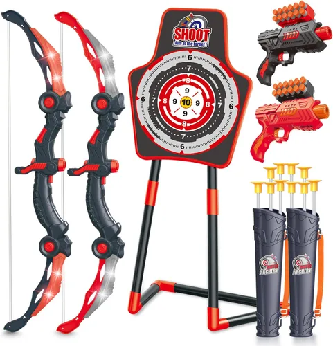 Miniatura 9 de SpringFlower 2 Bow and Arrow Sets with LED Light-up,2 Foam Dart Guns for Kids 5 6 7 8 9 10+ Years Old, Archery Set with Standing Target for Boys &