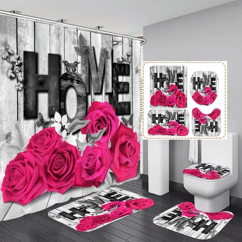 Yddsky Juego de 4 cortinas de ducha con diseño de rosas rosadas para San Valentín, alfombras antideslizantes, tapete en forma de U, decoración