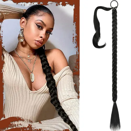 Miniatura 55 de Sofeiyan Extensión de cola de caballo de trenza larga con banda para el cabello, lacio, elegante, envolvente, extensiones de cabello trenzado, cola