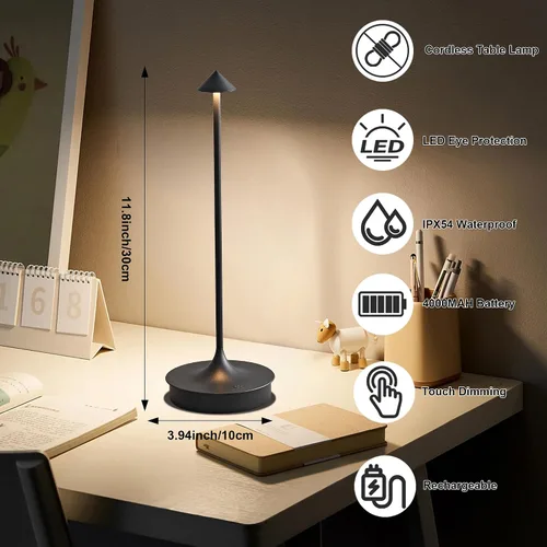 Miniatura 3 de Lámparas de mesa inalámbricas recargables, lámpara de escritorio LED de 4000 mAh, funciona con pilas, para exteriores, impermeable, portátil
