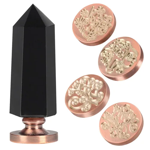 SUNYIK Juego de sellos de cera, 6 asas de piedra de punto de cristal facetado con 4 sellos de cera para invitaciones de boda, mango de obsidiana