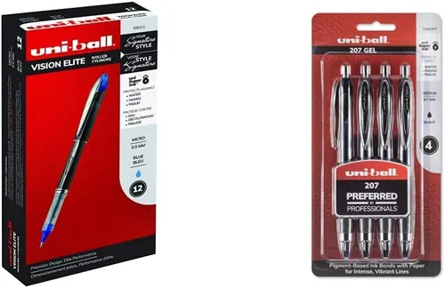 Uniball Vision Elite - Bolígrafos de punta fina de 0.020 in, color azul, 12 unidades y bolígrafos de gel uniball, 207 signo gel con punta media de