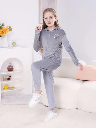 Miniatura 5 de V.&GRIN Girls 2 Piece Outfit Tracksuit Velour Zip-Up Hooded Sweatshirt and Athletic Sweatpants Clothes Kids Jogger Set