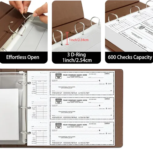 Miniatura 8 de Carpeta de 3 anillos para cheques de escritorio con trozos finales, 3 en una página, ajuste de 3 y 9 agujeros de piel sintética