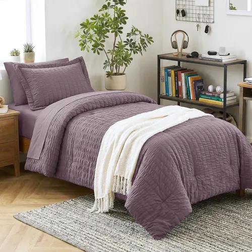 Miniatura 53 de CozyLux Juego de ropa de cama con edredón tamaño King Beige Seersucker de 7 piezas, juego de cama en una bolsa, con edredón, sábanas, fundas
