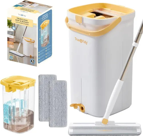 Juego de trapeador y cubo con sistema de bomba para el hogar, autolimpieza manos libres con 3 compartimentos para separar la limpieza del agua