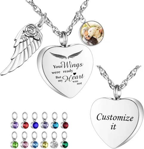 Dletay Collar de urna de corazón para cenizas con 12 piedras natales joyería de cremación para cenizas - Your Wings Were Ready My Heart Was Not