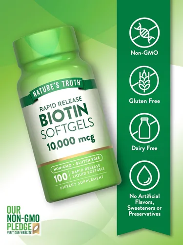 Miniatura 3 de Nature's Truth Biotin 10,000mcg Cápsulas blandas de liberación rápida 100 unidades Suplemento sin OMG y sin gluten