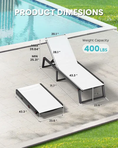 Miniatura 2 de Silla de Salón de Aluminio para Exterior, Sillas de Salón Plegables y sin Montaje para Patio y Piscina, Silla Reclinable de 5 Posiciones para Blanco