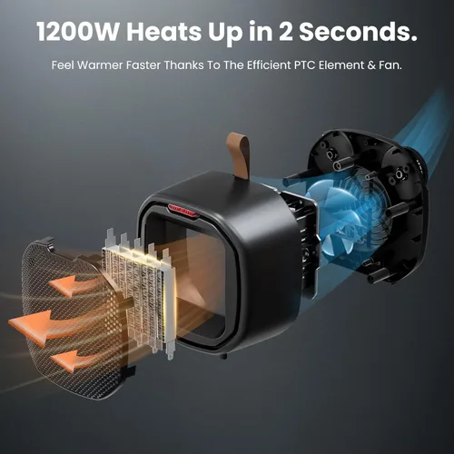 Miniatura 3 de ZAFRO Calentador de espacio de cerámica portátil de 1200 W para uso en interiores, termostato ajustable de 3 modos, protección contra vuelco y negro