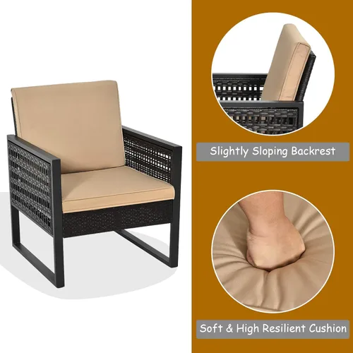 Miniatura 7 de Tangkula Juego de 3 piezas de mimbre para patio, sofá de ratán al aire libre, muebles de conversación con mesa de café, cojines de asiento y Mesa