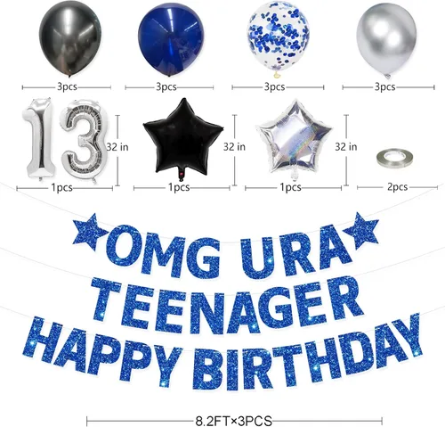 Miniatura 2 de Blue Omg Ur A Teenager - Cartel de feliz cumpleaños con flecos de papel de aluminio negro, telón de fondo plateado 13 para niños, decoración