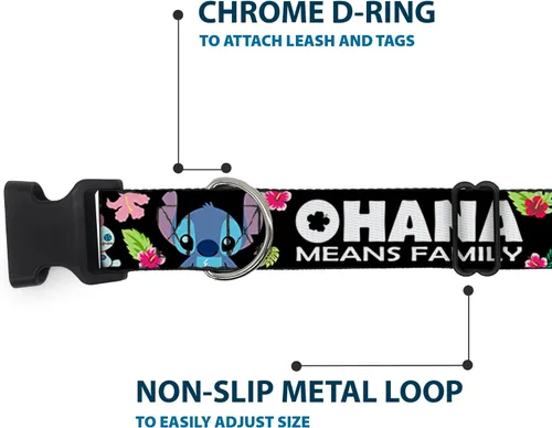 Miniatura 5 de Buckle-Down Ohana Means Family/Stitch & Scrump Poses/Tropical Flora Plastic Clip Collar, estrecho M/7-13 pulgadas