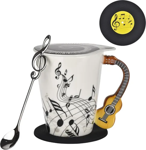 Miniatura 13 de Taza de café de guitarra de 12.9 oz con diseño de notas musicales con tapa temática de música y cuchara y posavasos, regalos para guitarristas