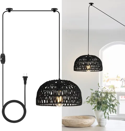 HuisMier Lámpara Colgante de Ratán con Enchufe, Luz Colgante de 15 Pies con Pantalla de Cesta Tejida de Mimbre, Lámpara Colgante Bohemia Regulable
