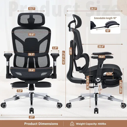 Miniatura 2 de Silla de oficina ergonómica con reposapiés, silla de escritorio de malla resistente de 400 libras, reposabrazos 5D, lumbar 3D, respaldo de 5