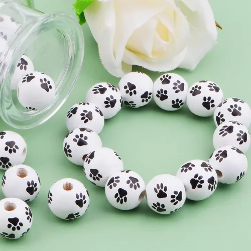 Miniatura 7 de 100 cuentas espaciadoras de madera con estampado de pata de perro de 0.63 pulgadas, cuentas redondas de huellas de perro en blanco y negro