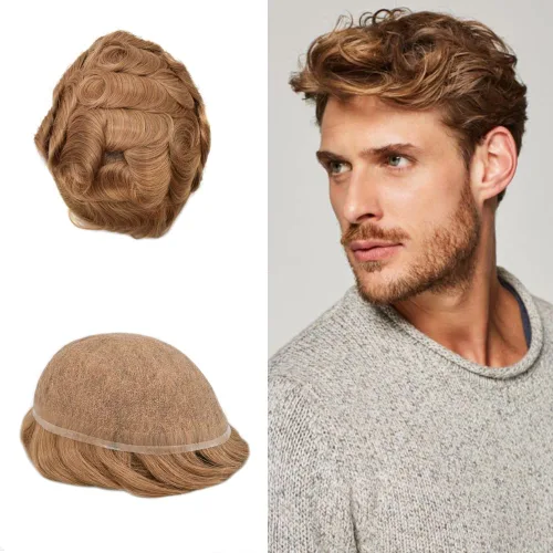 Miniatura 60 de Toupee para hombres Piezas de cabello humano real, encaje francés completo para hombres, pieza de cabello, nudos blanqueados, línea capilar natural
