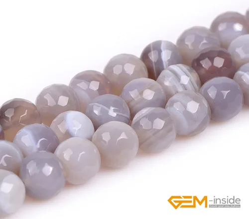 Miniatura 3 de GEM-Inside - Cuentas sueltas de ágata gris con banda para hacer joyas, redondas de 0.394 in, facetadas de 15 pulgadas
