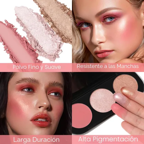 Miniatura 3 de FOCALLURE Paleta de Rubor e Iluminador, Polvo de Maquillaje 3 en 1, Mate Sin Crueldad, Iluminador con Destello para un Aspecto Radiante, #03