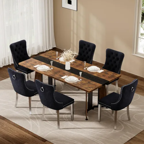 Miniatura 39 de Juego de mesa de comedor de 5 piezas con 4 sillas, mesa de comedor rectangular de madera de 71 pulgadas con sillas de comedor de terciopelo, tablero