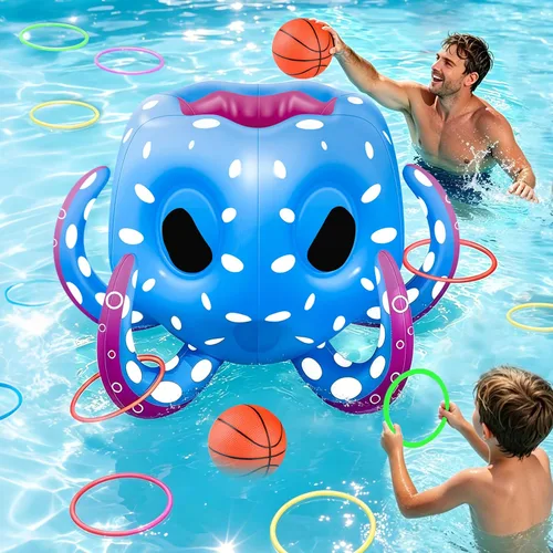 Juguetes de piscina de pulpo para niños de 4 a 8 años, 8 a 12 años, flotadores inflables 2 en 1, juegos de piscina de baloncesto y lanzamiento de