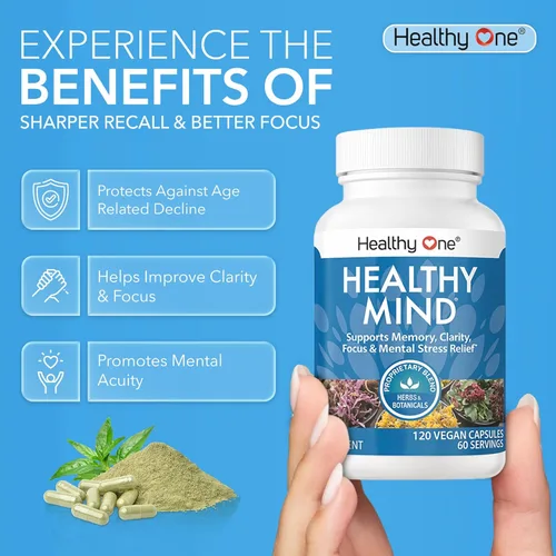 Miniatura 6 de Suplemento para la memoria Healthy Mind, para una mente sana y enfoque mental, 60 cápsulas, para mejorar la memoria, el enfoque y la concentración
