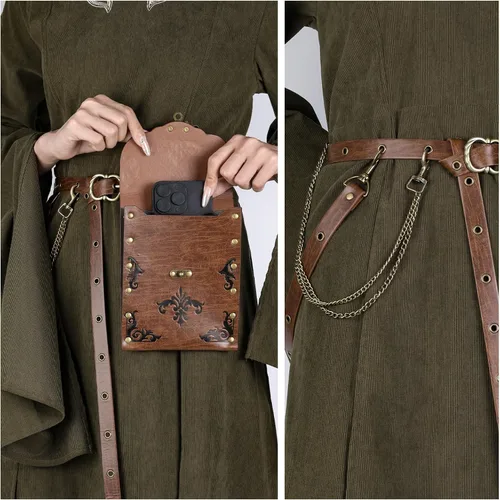 Miniatura 3 de HiiFeuer 2 cinturones medievales DIY con bolsa renacentista vintage de piel sintética, cadenas desmontables para mujer, bolsa delgada para cinturón