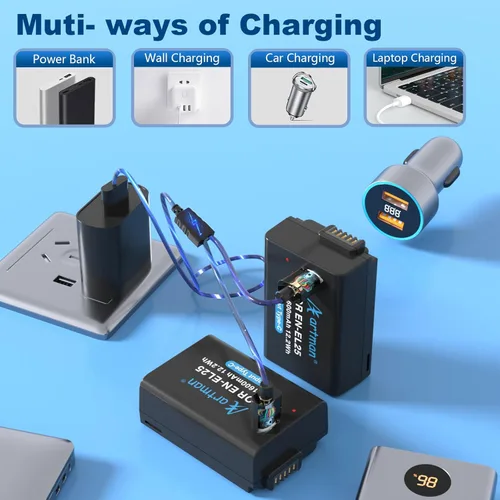 Miniatura 5 de Artman EN-EL25 EN-EL25A - Batería de 1600 mAh, paquete de 2 con cable de carga rápida USB-C compatible con cámara Nikon Z50 ii Z50 Z30 ZFC, batería