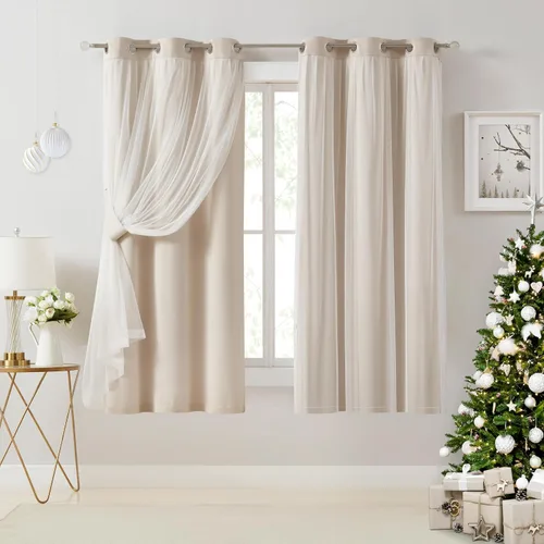 Miniatura 9 de Bujasso Cortinas 80% Opacas Beige con Superposición de Gasa Mezcla y Combinación Paneles de Ventana con Aislamiento Térmico de Doble Capa de 63