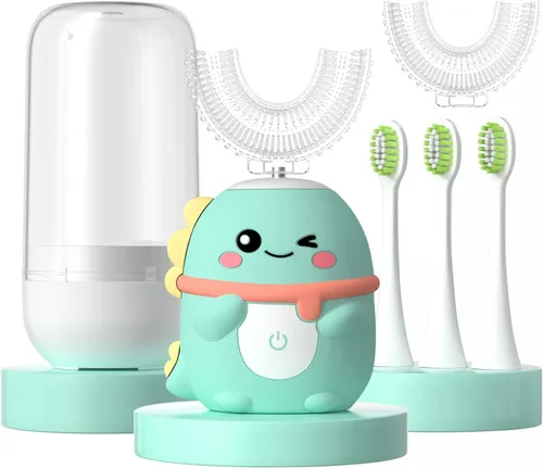 Cepillo de dientes eléctrico para niños en forma de U, cepillo sónico automático para niños pequeños con 5 cabezales de cepillo, cepillos Dinosaurio
