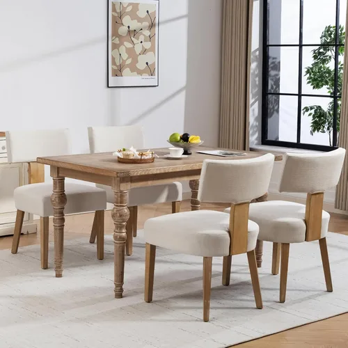 Miniatura 22 de Juego de 4 sillas de comedor, sillas de cocina de tela tapizada en madera, silla acolchada de lino sin brazos con respaldo curvo acentuado