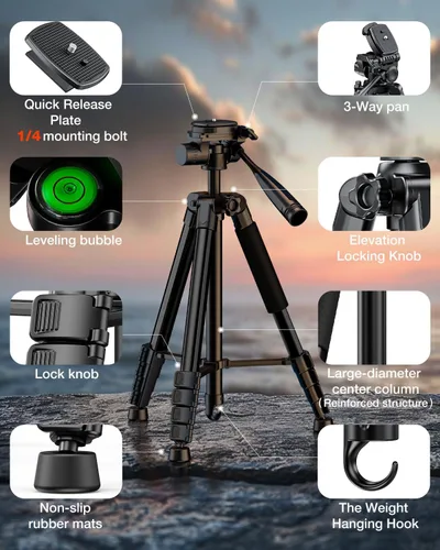 Miniatura 6 de Soporte de trípode para cámara de 73 pulgadas, trípode de aluminio con soporte para teléfono, bolsa de viaje, compatible con GoPro/DSLR/teléfono