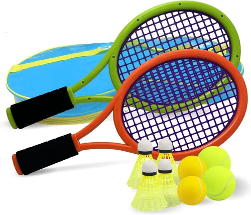 Miniatura 11 de Raqueta de tenis para niños, raqueta de tenis de plástico de 17 pulgadas con 2 bolas suaves, 2 pelotas de tenis y 4 volantes para niños