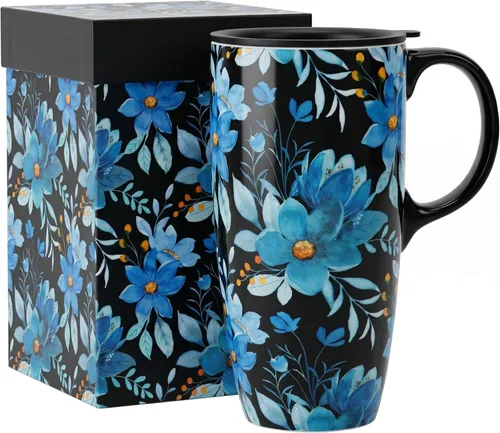 Topadorn Taza de viaje de cerámica de 17 onzas con tapa y asa, taza de café de porcelana con caja de regalo, apta para microondas y lavavajillas, a