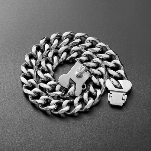 Miniatura 5 de Collar de Perro de Acero Inoxidable con Eslabones Cubanos Plateados de Servicio Pesado para Perros Pequeños, Medianos y Grandes, Collar de Perro