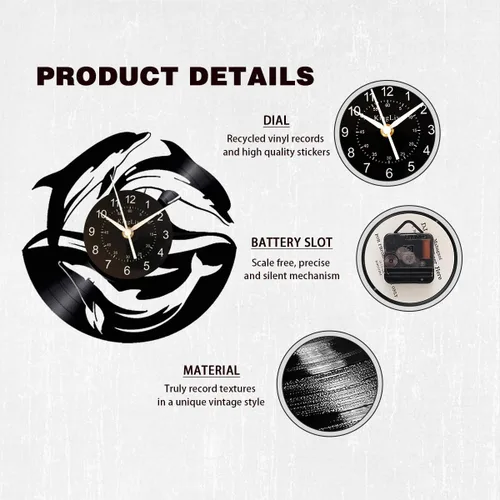 Miniatura 4 de KingLive Dolphin Fish - Reloj de pared de disco de vinilo de 12 pulgadas (11.8 in), color negro, moderno, decorativo, hogar, oficina, niños