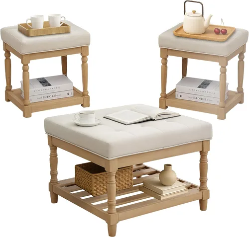 UEV Juego de 3 mesas de café otomanas, juego de mesa de madera para sala de estar, incluye 2 mesas auxiliares tapizadas, mesita de noche, patas de