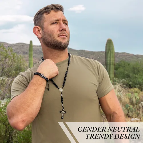 Miniatura 3 de MAZUNDA Cuentas de rosario, perfectas para hombres y grandes mujeres católicas con medalla de San Benito, pulseras de cruz de cuero de cortesía