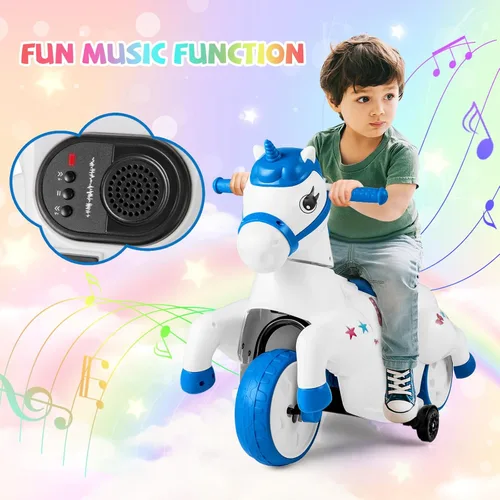 Miniatura 3 de HONEY JOY 12V Unicorn Ride en Juguetes, Caballo de Paseo Motorizado de 3 Ruedas con Batería, con Ruedas de Entrenamiento, Música, Subida y Bajada