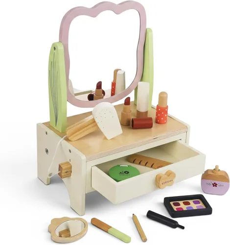 Juego de maquillaje de madera para niños, juego de salón de belleza con espejo giratorio y espejo pequeño desmontable, juguetes de mesa de tocador