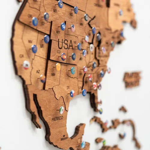 Miniatura 8 de Enjoy The Wood Arte de pared de mapa del mundo de madera 3D, mapa de viaje grande con alfileres para decoración artística, mapa decorativo del mundo