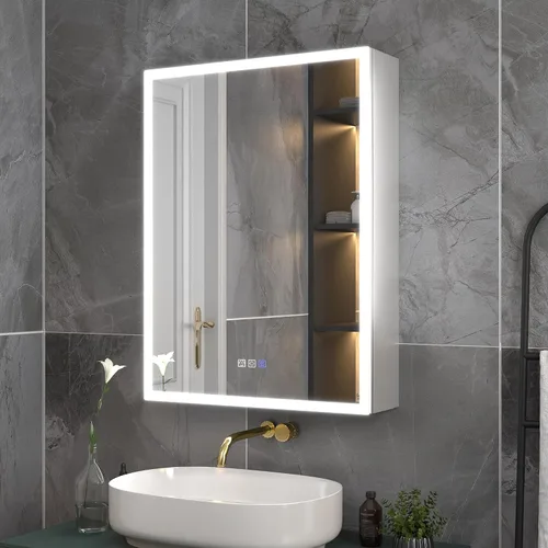 Miniatura 17 de ExBrite Botiquín iluminado de 28 x 32 pulgadas, armario con espejo LED empotrado/superficie con reloj y pantalla de temperatura, desempañamiento